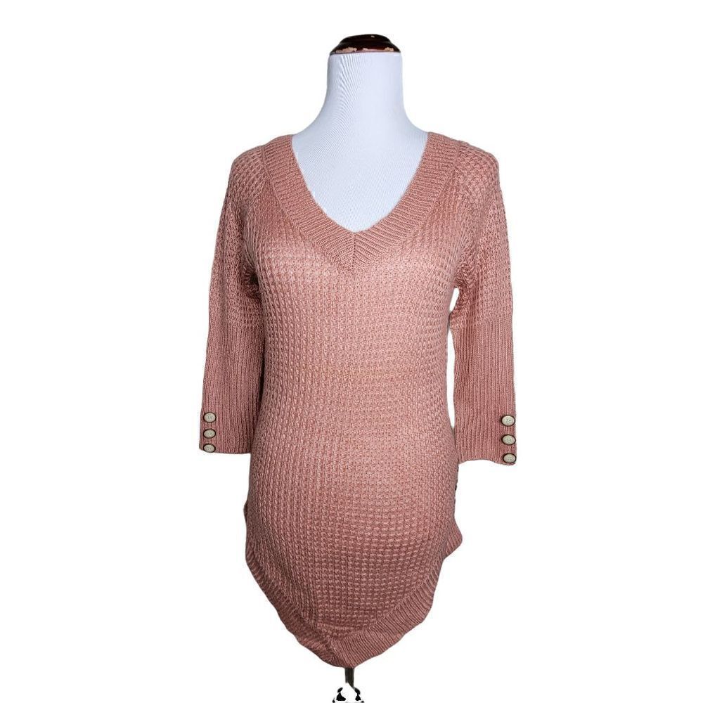 Simply Noelle Open Knit Asymmetrical 3/4 Sleeve Button Detail Sweater Pink Mauve